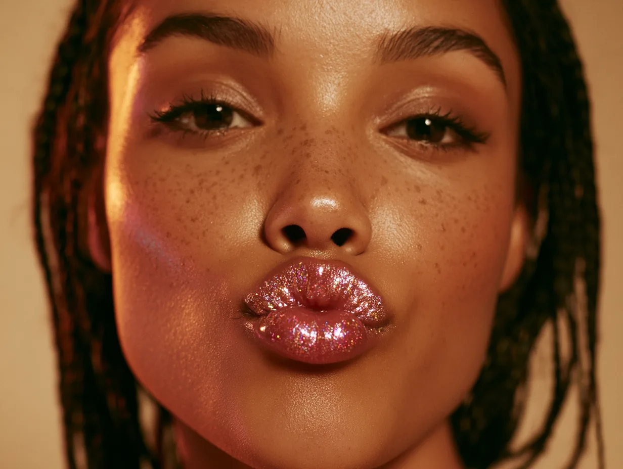 Glossy close-up beauty portrait with refined lips