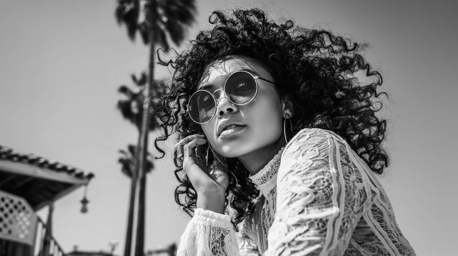 Black and white coastal beauty portrait with sunglasses
